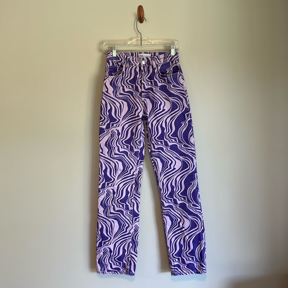 ZARA Purple Swirl Psychedelic High Waist Straight Leg Jeans Purple and lavender